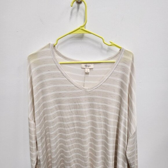 Style & Co Antique Cream Striped V-Neck Oversized Top Drapey Tee Large - Picture 3 of 10